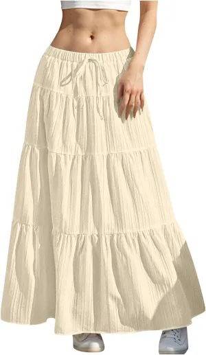 Womens Summer Flowy Swing Tiered A-Line Maxi Skirts 2025 Elastic Waist Pleated Long Skirt Trendy Boho Beach Clothes