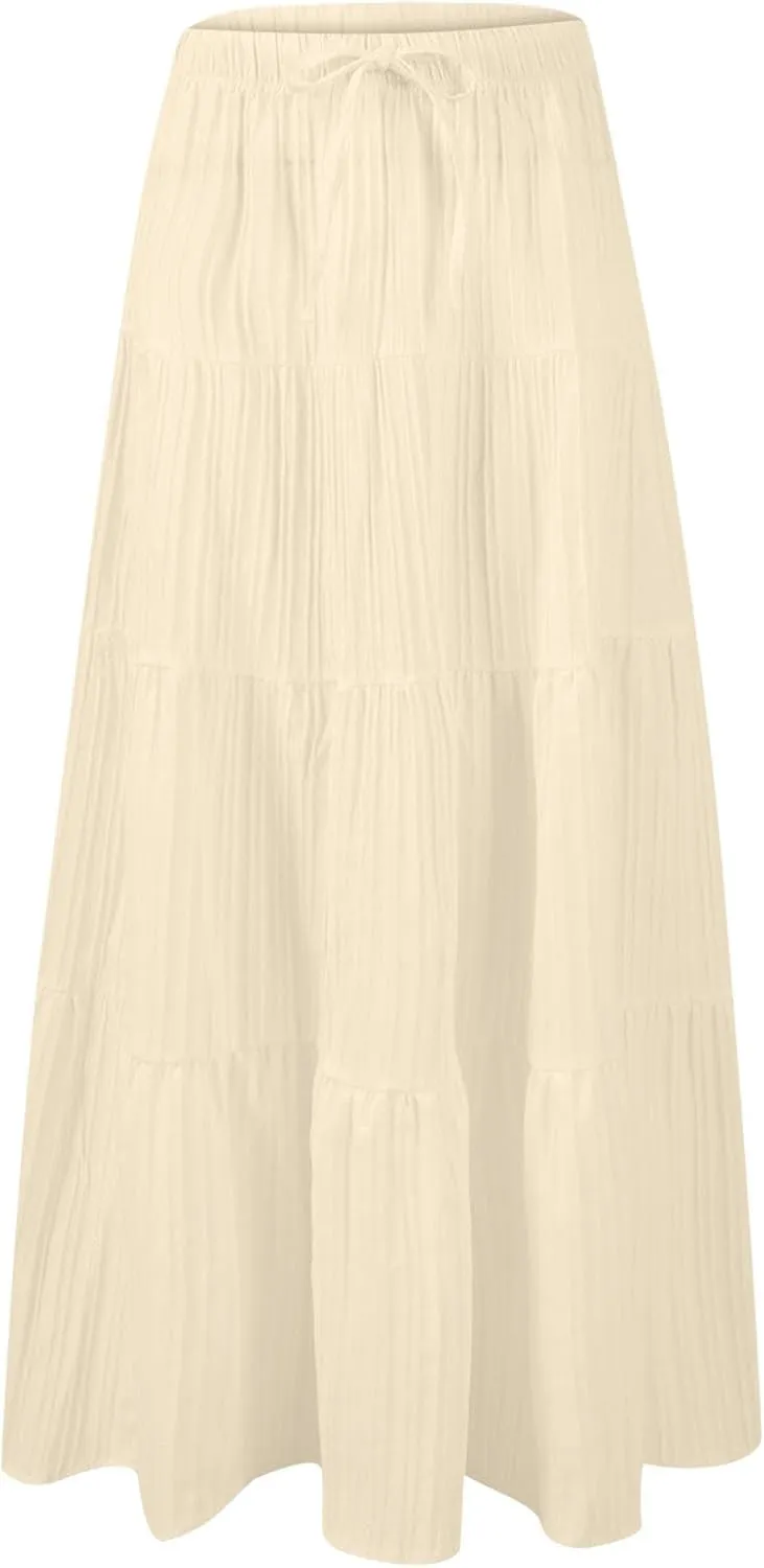 Womens Summer Flowy Swing Tiered A-Line Maxi Skirts 2025 Elastic Waist Pleated Long Skirt Trendy Boho Beach Clothes