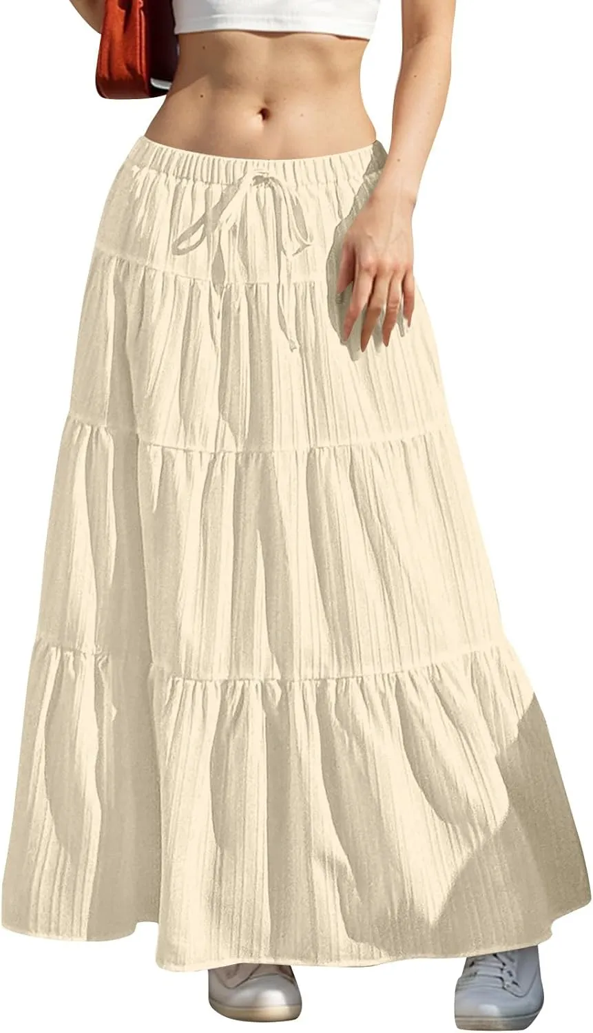 Womens Summer Flowy Swing Tiered A-Line Maxi Skirts 2025 Elastic Waist Pleated Long Skirt Trendy Boho Beach Clothes