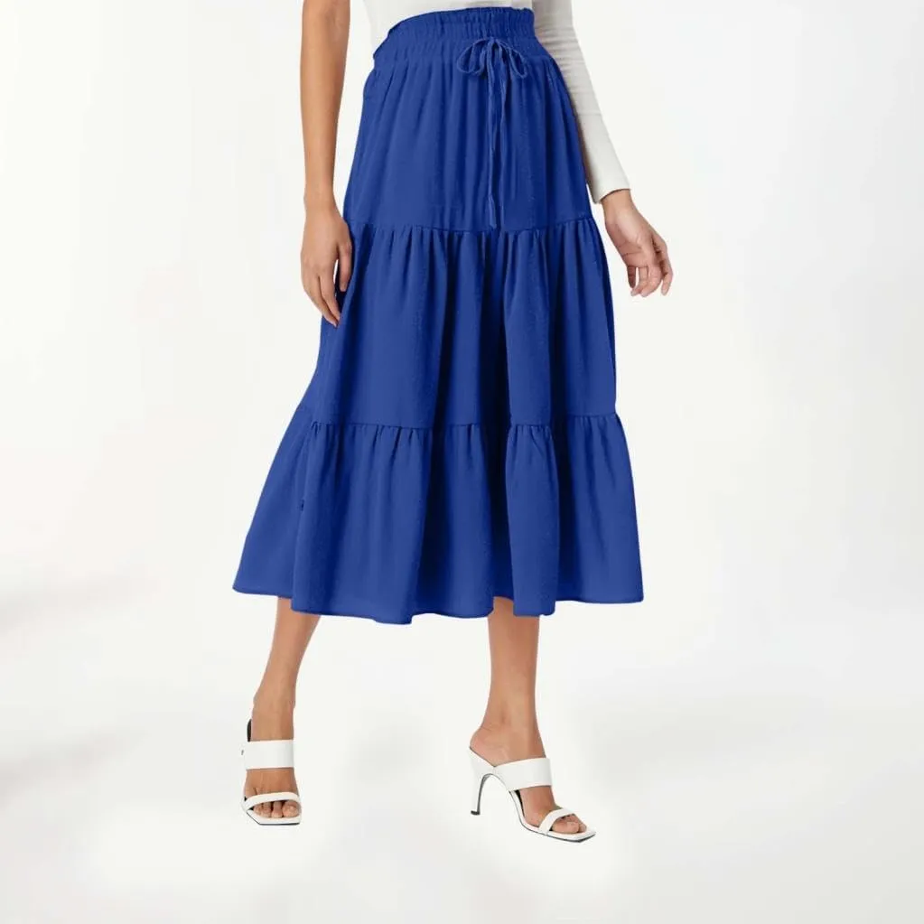 Womens Summer Flowy Swing Tiered Midi Skirt with Pocket 2025 Casual Boho Elastic Waisted Beach Long Skirt