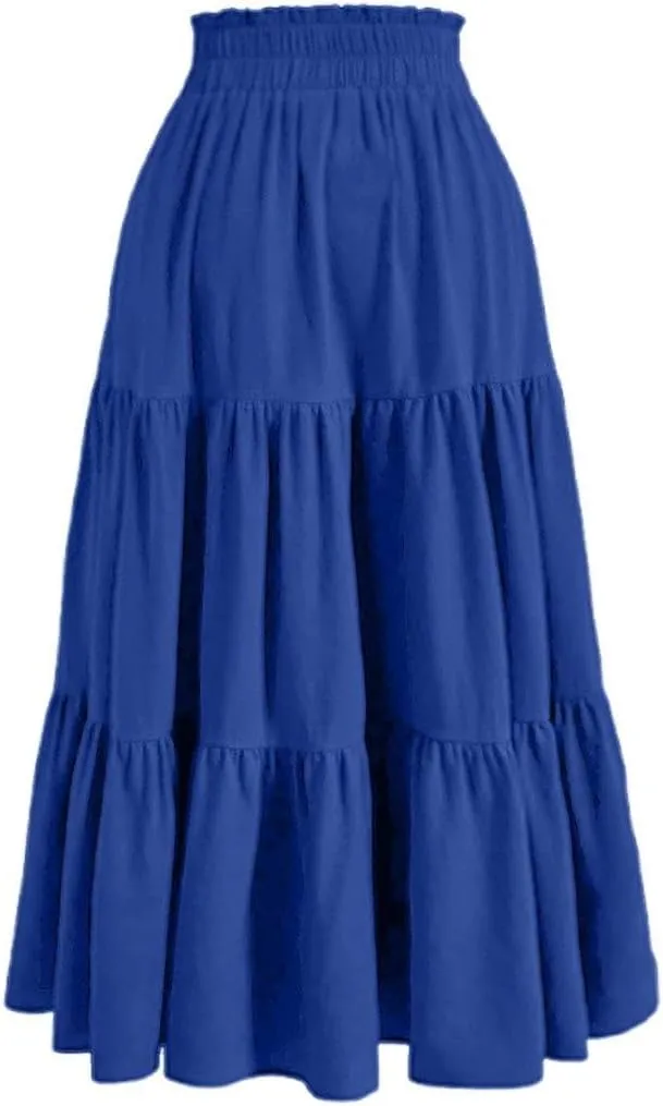 Womens Summer Flowy Swing Tiered Midi Skirt with Pocket 2025 Casual Boho Elastic Waisted Beach Long Skirt