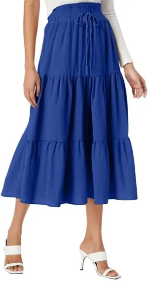 Womens Summer Flowy Swing Tiered Midi Skirt with Pocket 2025 Casual Boho Elastic Waisted Beach Long Skirt