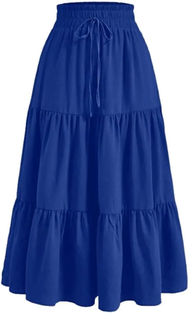 Womens Summer Flowy Swing Tiered Midi Skirt with Pocket 2025 Casual Boho Elastic Waisted Beach Long Skirt