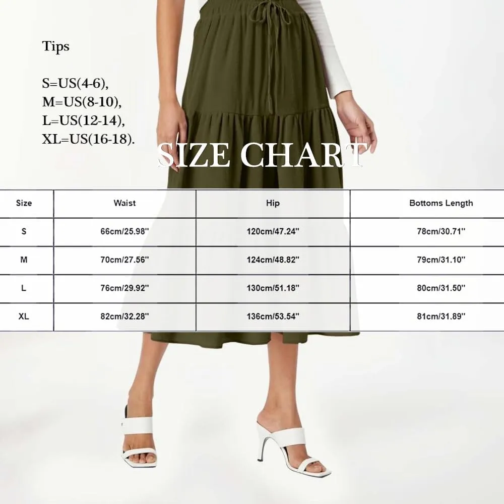 Womens Summer Flowy Swing Tiered Midi Skirt with Pocket 2025 Casual Boho Elastic Waisted Beach Long Skirt