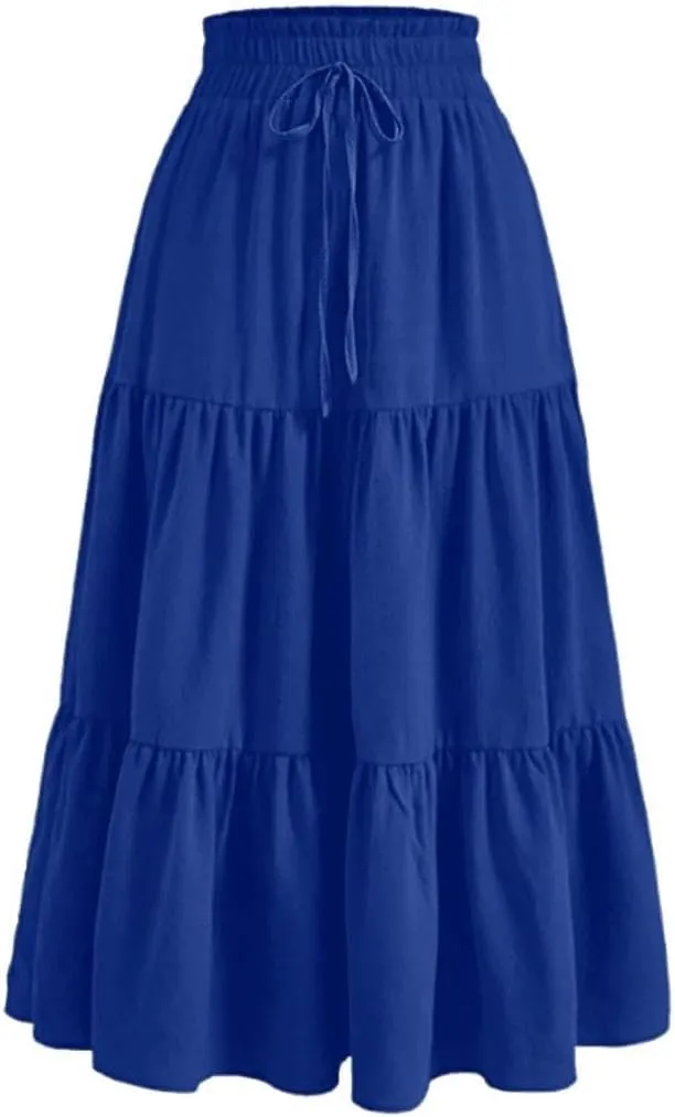 Womens Summer Flowy Swing Tiered Midi Skirt with Pocket 2025 Casual Boho Elastic Waisted Beach Long Skirt