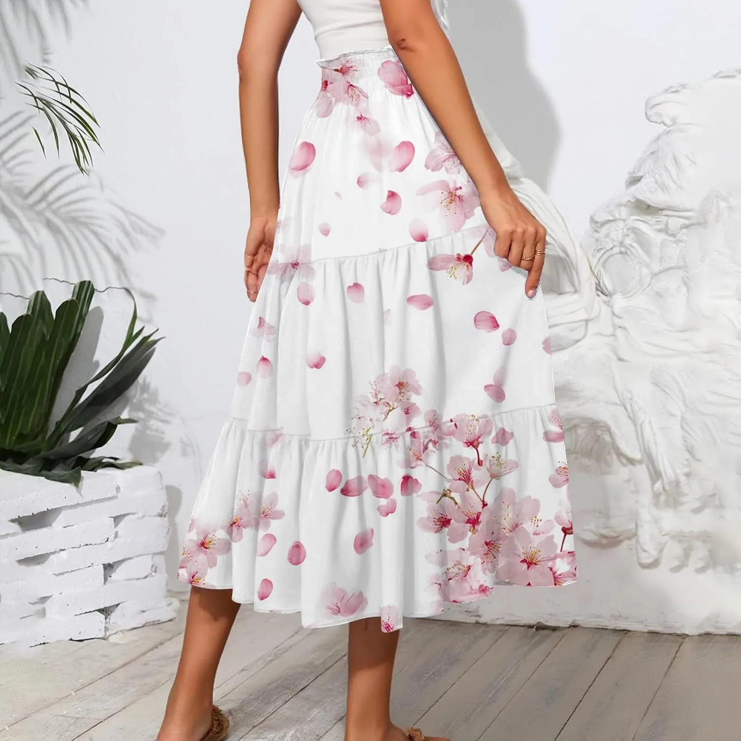 Women's Summer High Waist Tie Floral Print Boho Resort Midi Skirt with Pockets, S-2XL