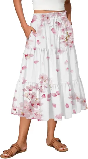 Women's Summer High Waist Tie Floral Print Boho Resort Midi Skirt with Pockets, S-2XL