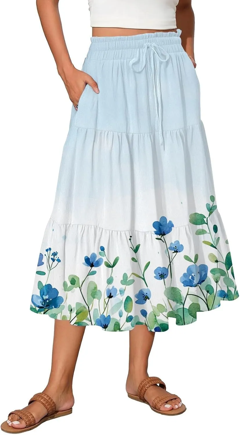Women's Summer High Waist Tie Floral Print Boho Resort Midi Skirt with Pockets, S-2XL