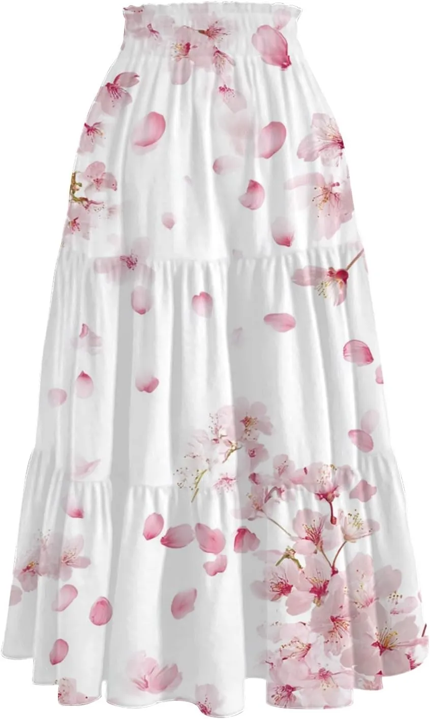 Women's Summer High Waist Tie Floral Print Boho Resort Midi Skirt with Pockets, S-2XL