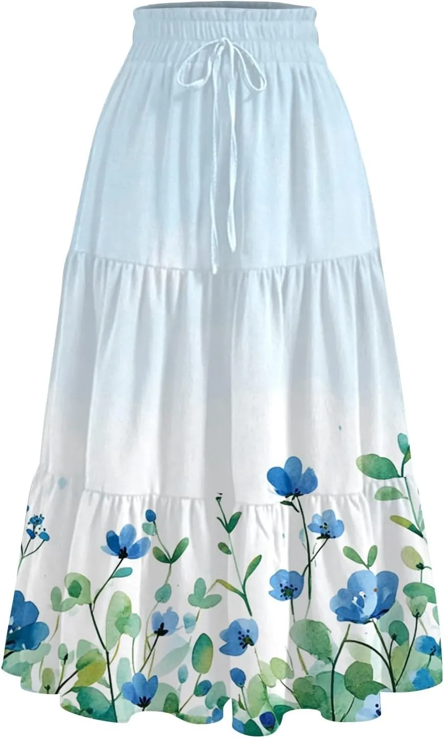 Women's Summer High Waist Tie Floral Print Boho Resort Midi Skirt with Pockets, S-2XL