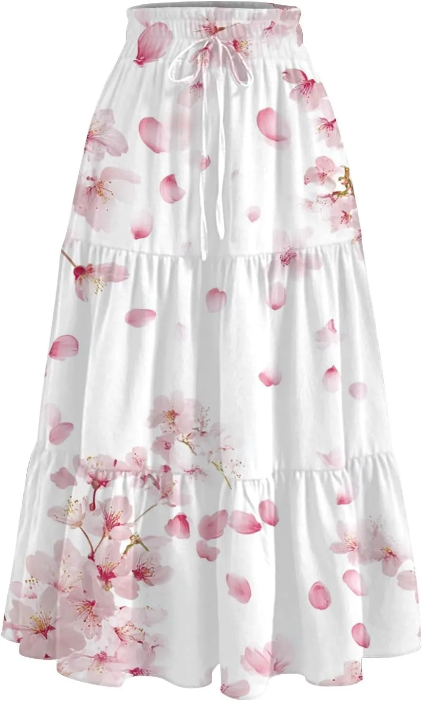 Women's Summer High Waist Tie Floral Print Boho Resort Midi Skirt with Pockets, S-2XL