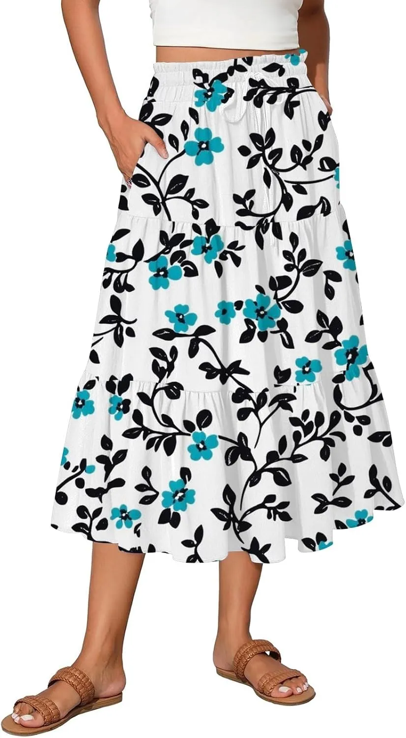 Women's Summer High Waist Tie Floral Print Boho Resort Midi Skirt with Pockets, S-2XL