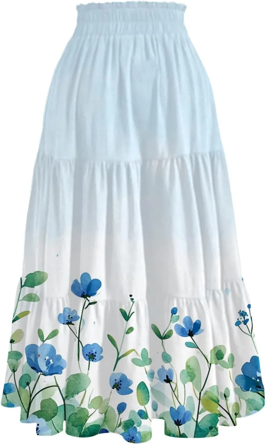 Women's Summer High Waist Tie Floral Print Boho Resort Midi Skirt with Pockets, S-2XL