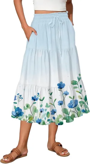 Women's Summer High Waist Tie Floral Print Boho Resort Midi Skirt with Pockets, S-2XL