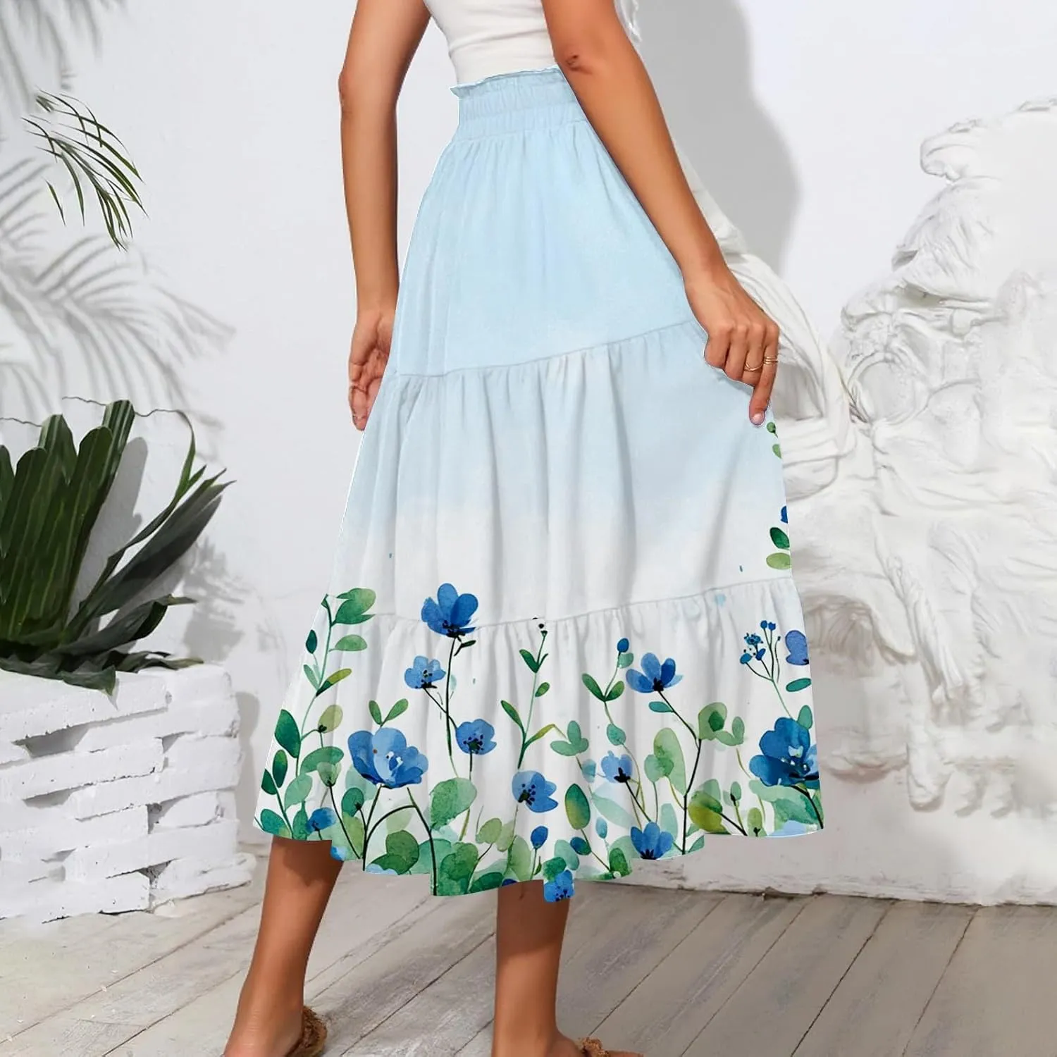 Women's Summer High Waist Tie Floral Print Boho Resort Midi Skirt with Pockets, S-2XL