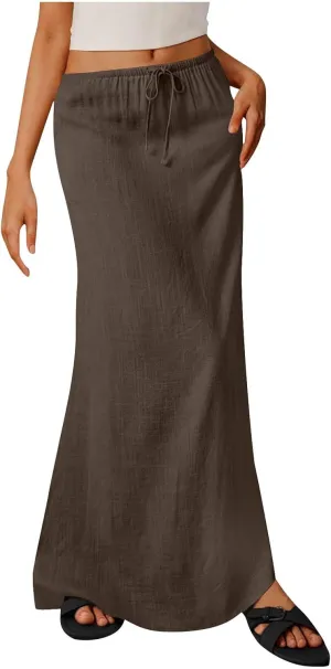 Womens Summer Maxi Skirt Low Rise Lace Up Midi Skirt Casual Long Skirt A Line Lounge Skirt Trendy Beach Skirts
