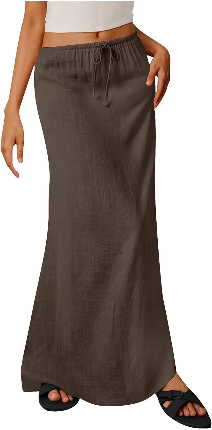 Womens Summer Maxi Skirt Low Rise Lace Up Midi Skirt Casual Long Skirt A Line Lounge Skirt Trendy Beach Skirts