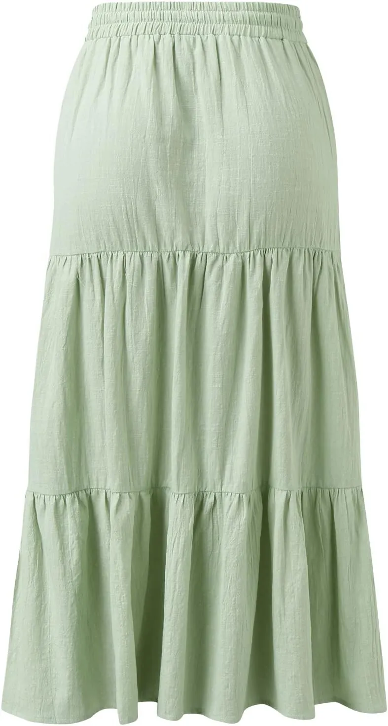 Women's Summer Maxi Skirts Womens A Line Midi Skirt Elastic Waist Front Button Casual Skirts Ruffle Layered High
