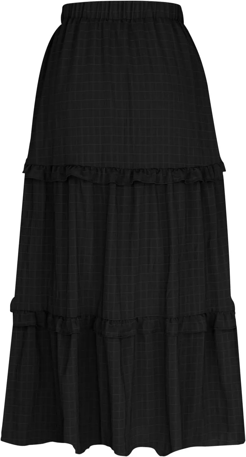Womens Summer Midi Skirt 2024 Boho Elastic High Waist Pleated A-Line Flowy Swing Tiered Casual Long Beach Skirt Dress