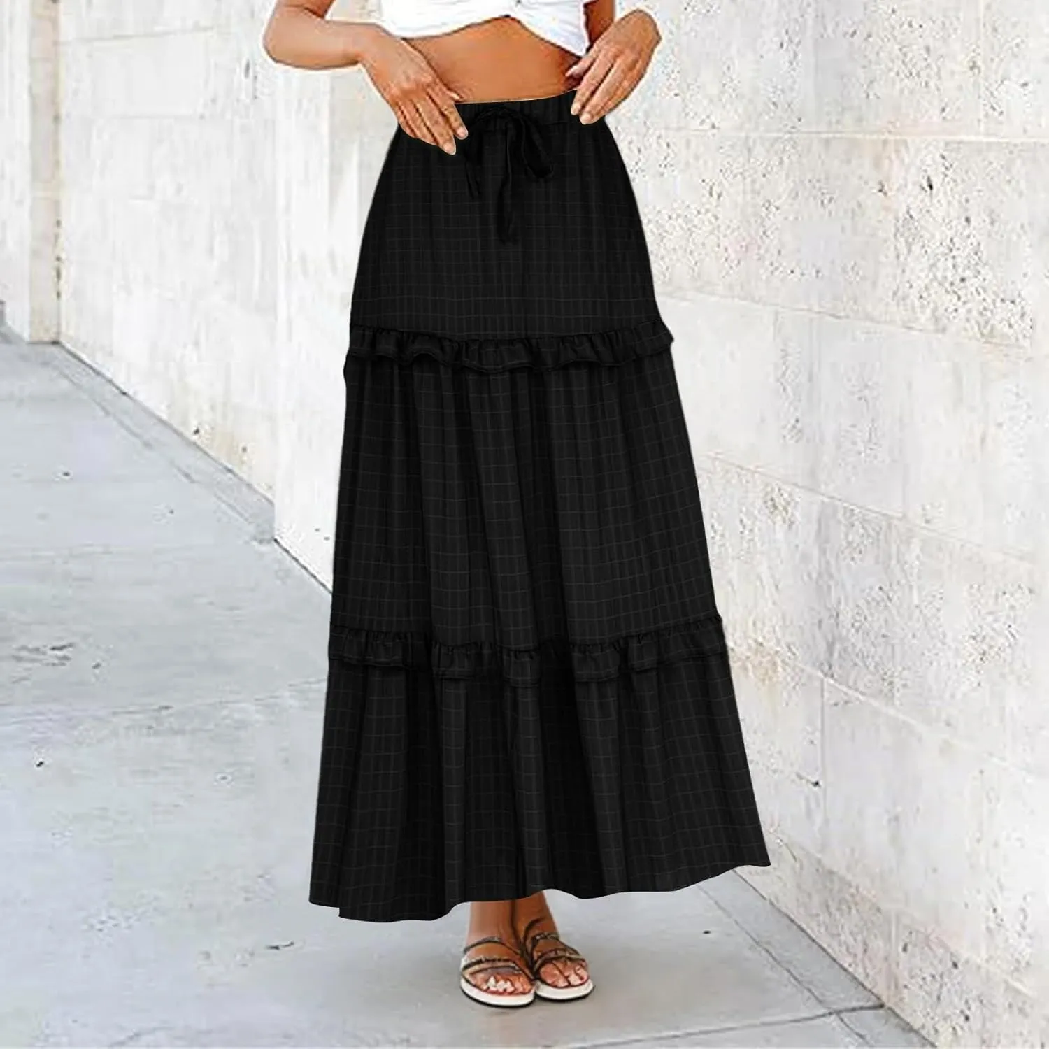 Womens Summer Midi Skirt 2024 Boho Elastic High Waist Pleated A-Line Flowy Swing Tiered Casual Long Beach Skirt Dress