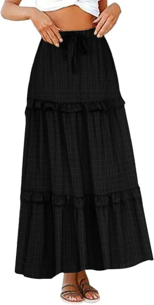 Womens Summer Midi Skirt 2024 Boho Elastic High Waist Pleated A-Line Flowy Swing Tiered Casual Long Beach Skirt Dress