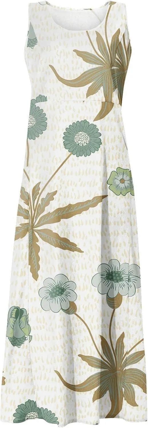 Women's Summer Sleeveless Cotton Tank Dress Casual Loose A-Line Midi Long Beach Dresses Sundress with Pockets