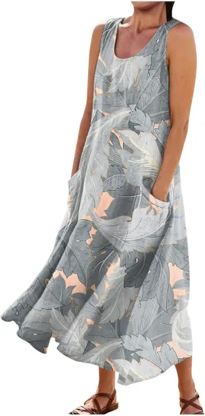 Women's Summer Sleeveless Cotton Tank Dress Casual Loose A-Line Midi Long Beach Dresses Sundress with Pockets