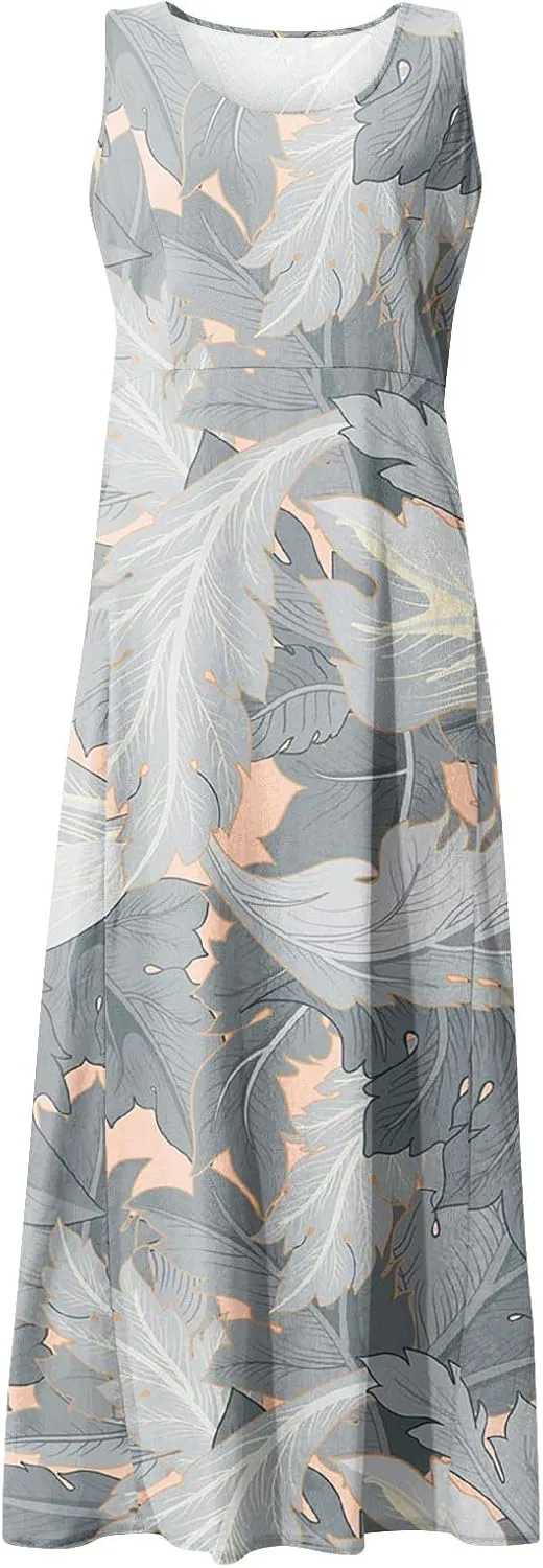 Women's Summer Sleeveless Cotton Tank Dress Casual Loose A-Line Midi Long Beach Dresses Sundress with Pockets
