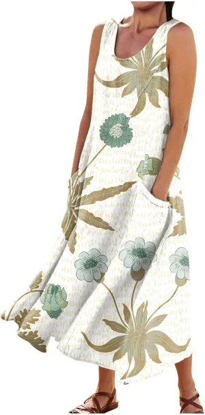Women's Summer Sleeveless Cotton Tank Dress Casual Loose A-Line Midi Long Beach Dresses Sundress with Pockets