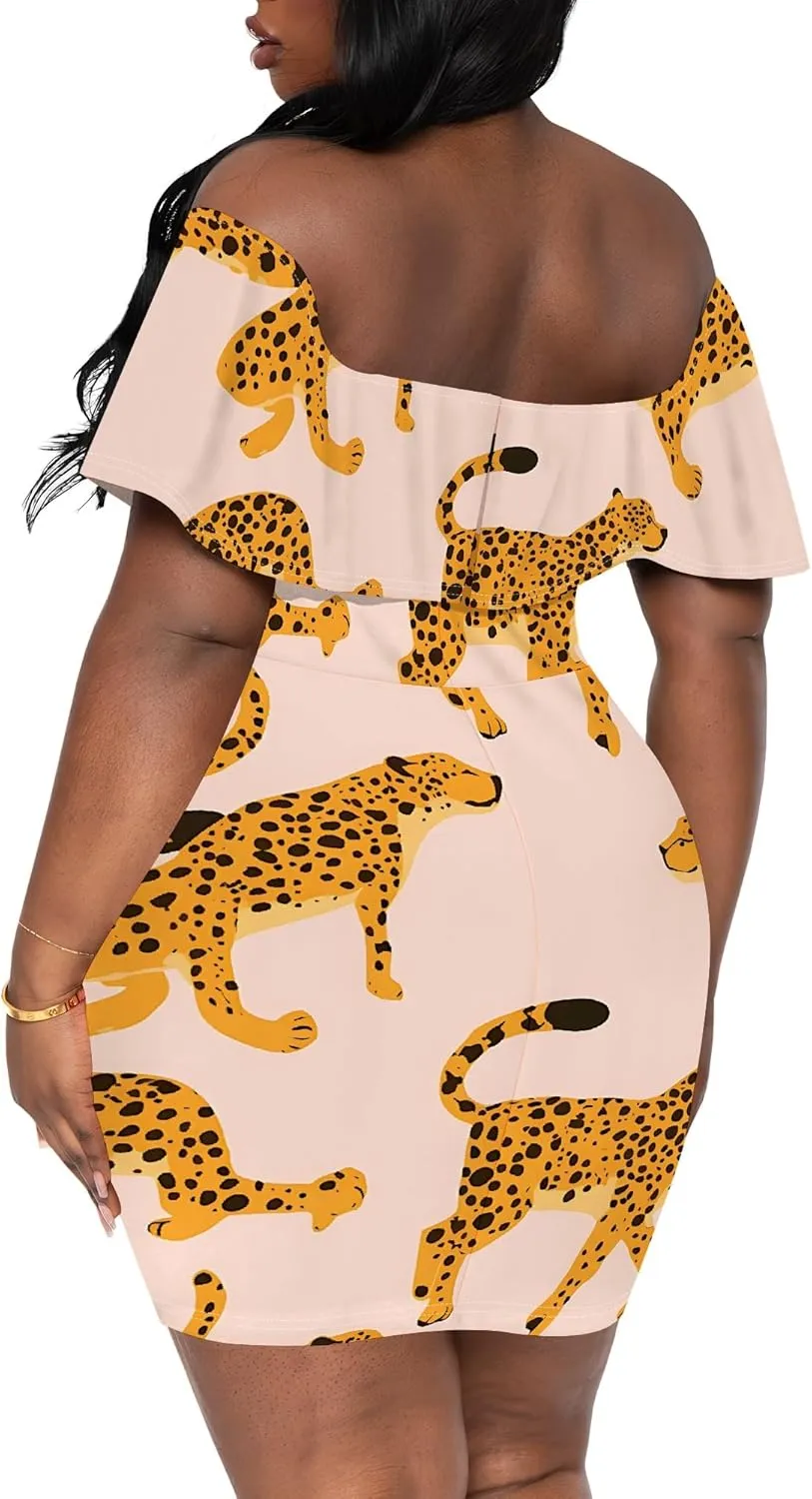Women's Summer Slim Fit Off Shoulder Mini Dress Ruffle Short Sleeve Print Cocktail Party Fashion Bodycon Dress with Pockets
