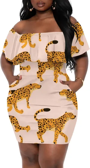 Women's Summer Slim Fit Off Shoulder Mini Dress Ruffle Short Sleeve Print Cocktail Party Fashion Bodycon Dress with Pockets