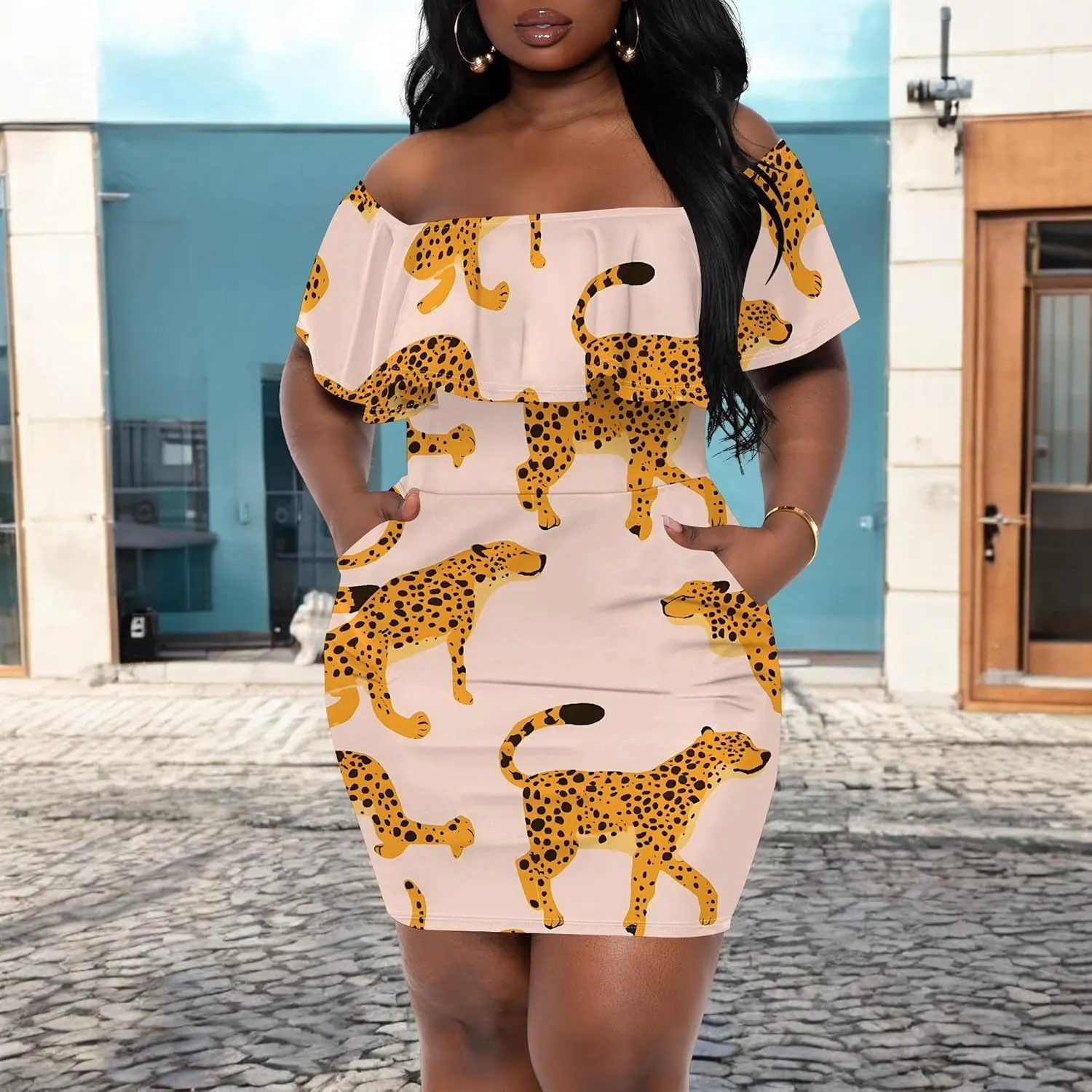 Women's Summer Slim Fit Off Shoulder Mini Dress Ruffle Short Sleeve Print Cocktail Party Fashion Bodycon Dress with Pockets