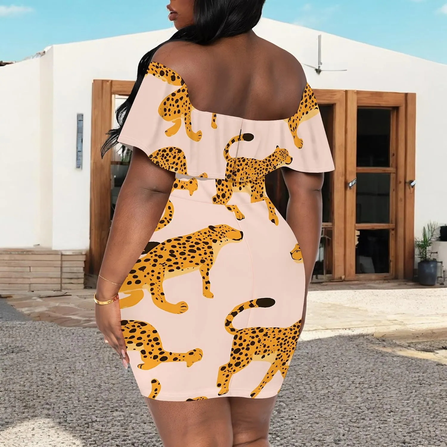 Women's Summer Slim Fit Off Shoulder Mini Dress Ruffle Short Sleeve Print Cocktail Party Fashion Bodycon Dress with Pockets