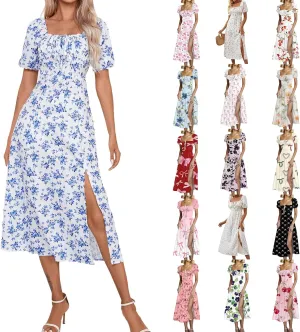 Womens Summer Square Neck Tie Front Sexy Midi Dress Floral Boho Ruffle Sleeve High Slit Flowy Vacation Tshirt Dress