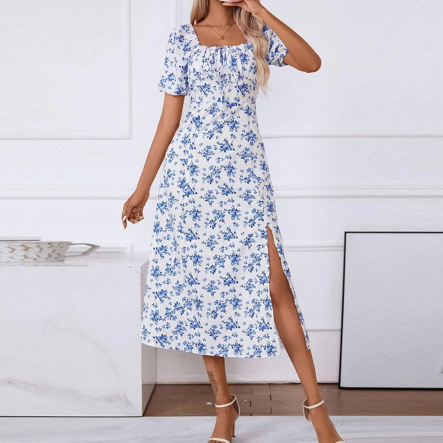 Womens Summer Square Neck Tie Front Sexy Midi Dress Floral Boho Ruffle Sleeve High Slit Flowy Vacation Tshirt Dress