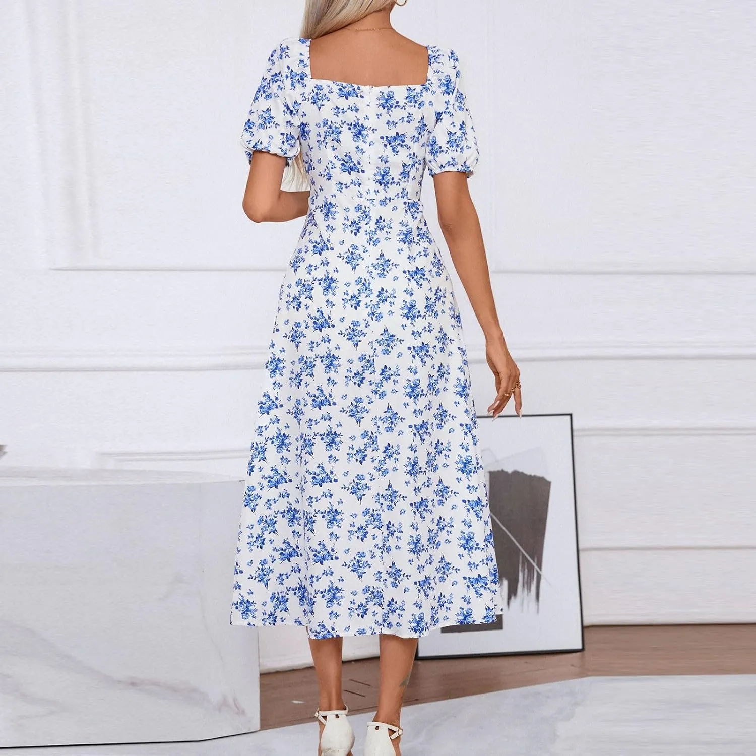 Womens Summer Square Neck Tie Front Sexy Midi Dress Floral Boho Ruffle Sleeve High Slit Flowy Vacation Tshirt Dress