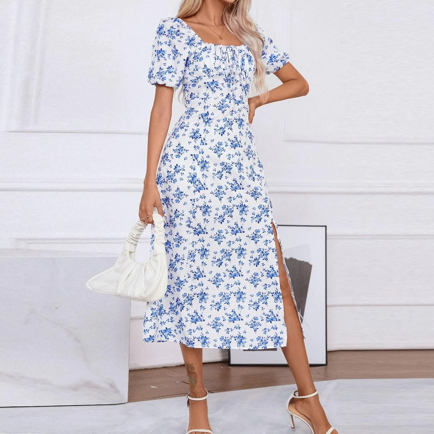 Womens Summer Square Neck Tie Front Sexy Midi Dress Floral Boho Ruffle Sleeve High Slit Flowy Vacation Tshirt Dress