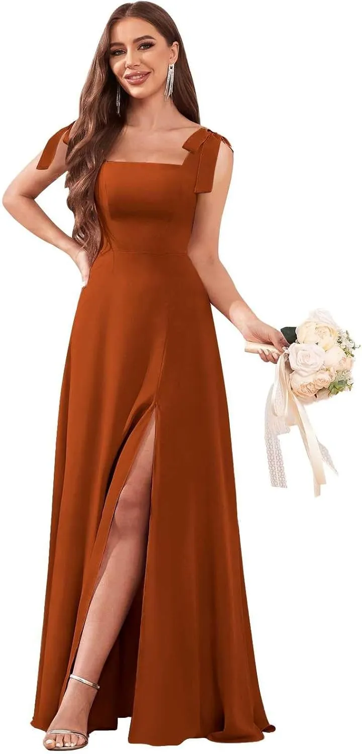 Women's Tie Straps Chiffon Bridesmaid Dresses for Wedding Empire Waist A Line Long Formal Dress with Slit