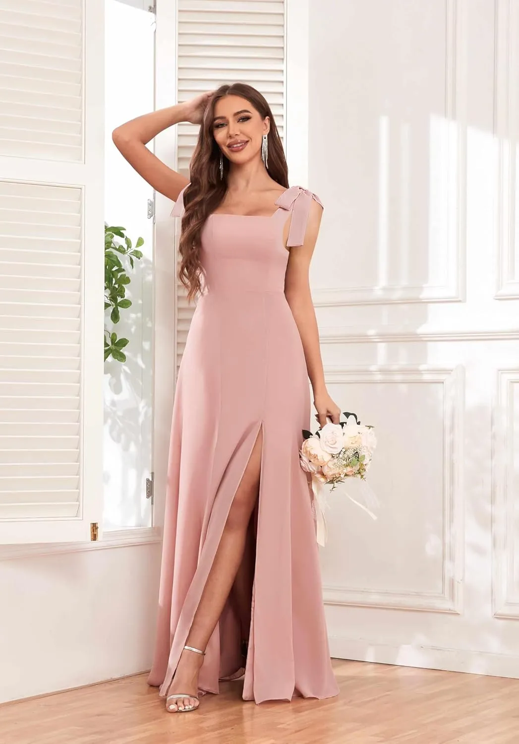 Women's Tie Straps Chiffon Bridesmaid Dresses for Wedding Empire Waist A Line Long Formal Dress with Slit