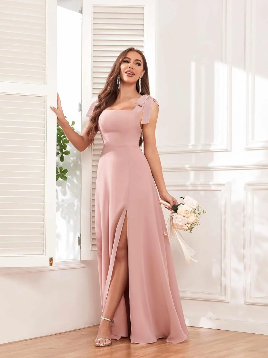 Women's Tie Straps Chiffon Bridesmaid Dresses for Wedding Empire Waist A Line Long Formal Dress with Slit
