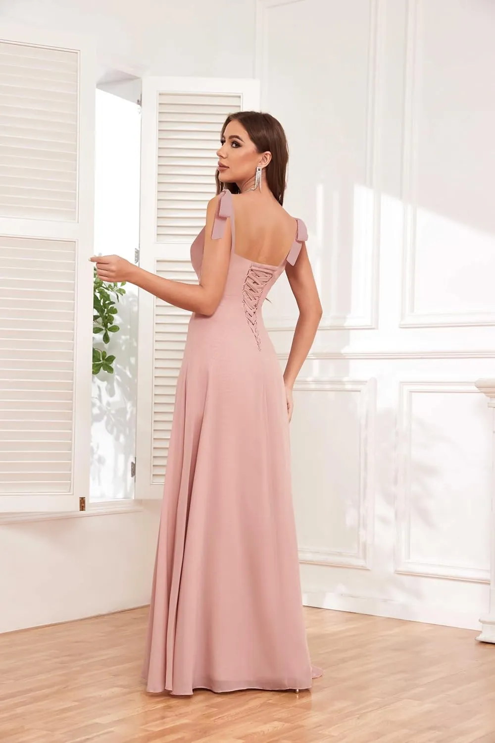Women's Tie Straps Chiffon Bridesmaid Dresses for Wedding Empire Waist A Line Long Formal Dress with Slit