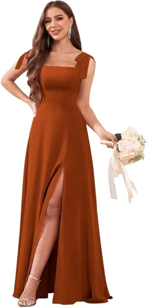 Women's Tie Straps Chiffon Bridesmaid Dresses for Wedding Empire Waist A Line Long Formal Dress with Slit