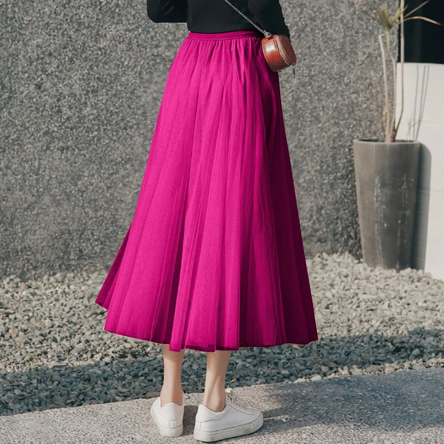 Womens Tulle Maxi Skirts Summer Party Solid Beach Elastic High Waist Pleated A-Line Flowy Swing Long Maxi Skirt