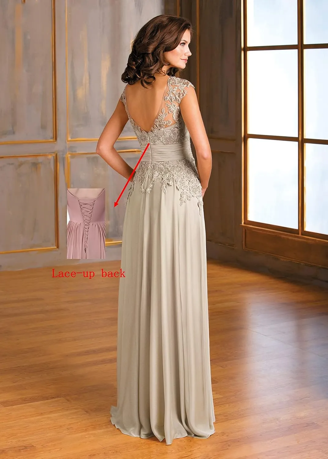 Women's V-Neck A-Line Lace Chiffon Mother of The Bride Dress Long Evening Gown with Pokcets 2023