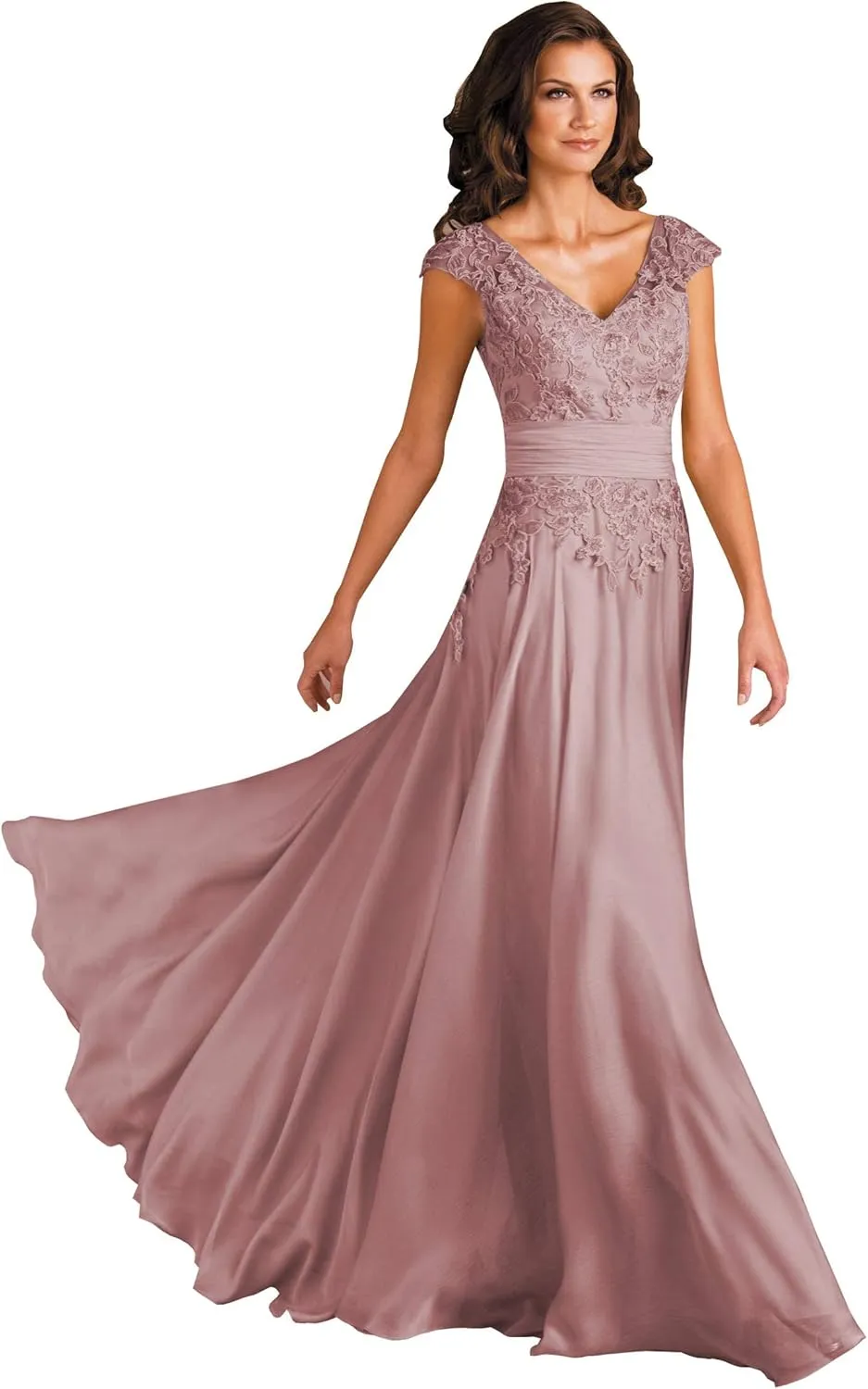 Women's V-Neck A-Line Lace Chiffon Mother of The Bride Dress Long Evening Gown with Pokcets 2023