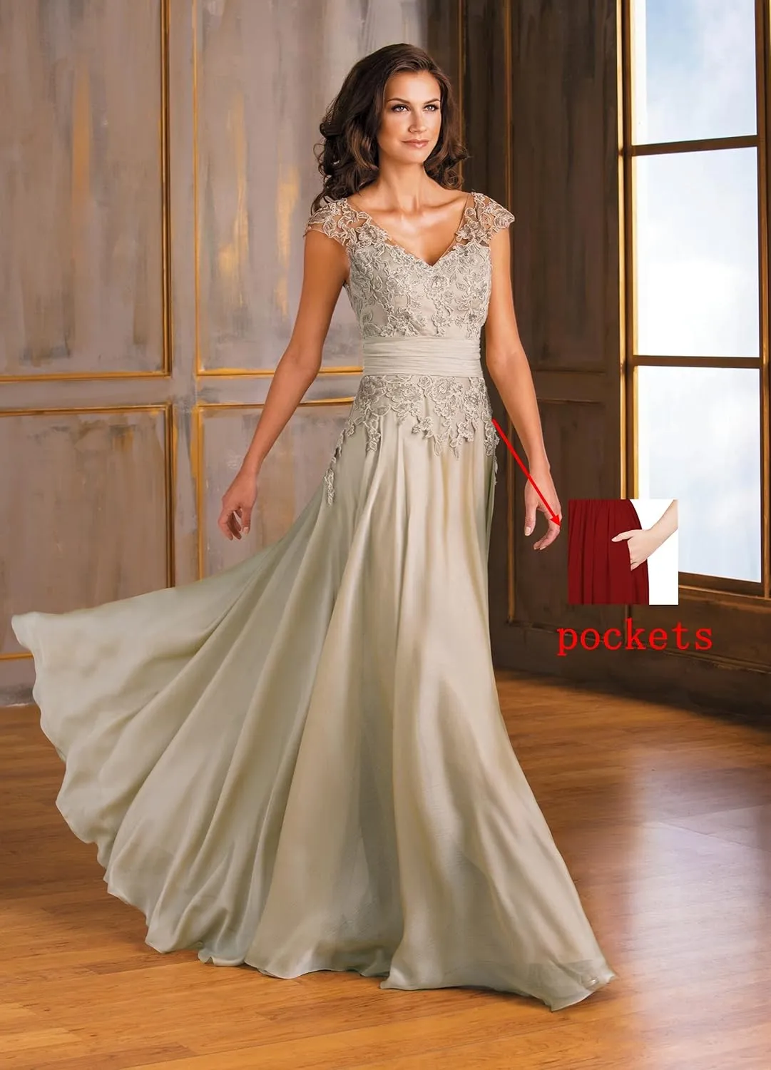 Women's V-Neck A-Line Lace Chiffon Mother of The Bride Dress Long Evening Gown with Pokcets 2023