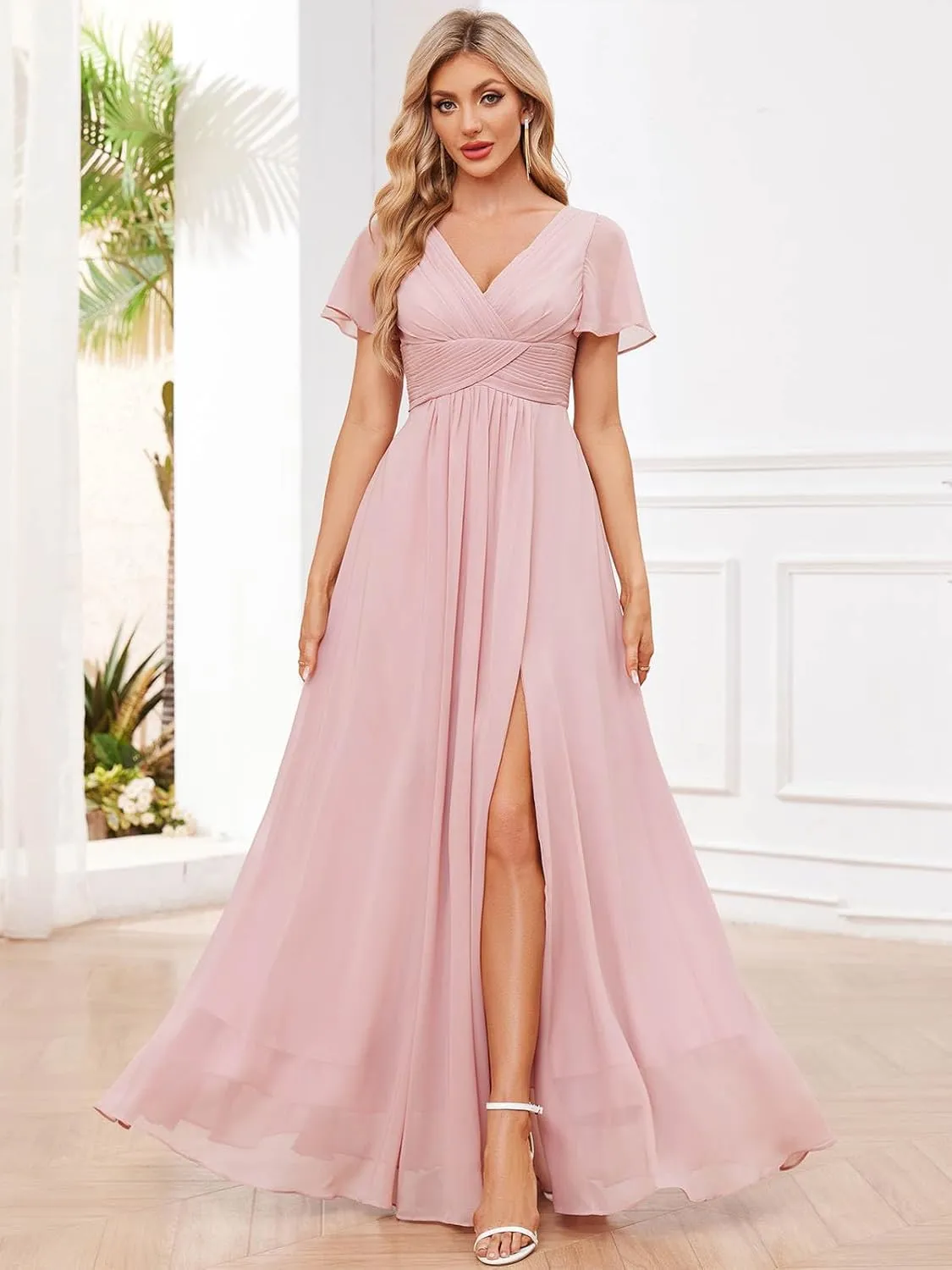 Women's V Neck Bridesmaid Dresses for Wedding Short Sleeve Pleated Long Slit Formal Dress Evening Gown