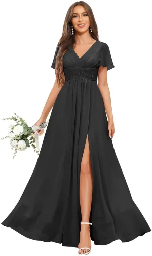 Women's V Neck Bridesmaid Dresses for Wedding Short Sleeve Pleated Long Slit Formal Dress Evening Gown