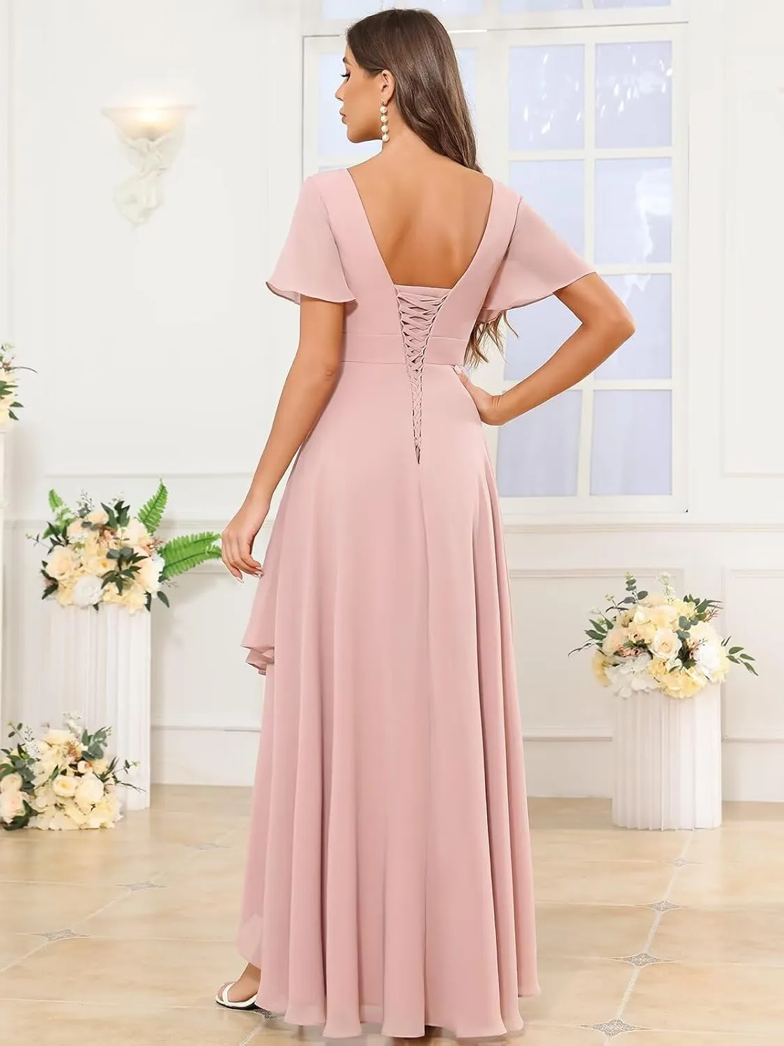 Women's V Neck Bridesmaid Dresses with Sleeves High Low Ruffle Hem Prom Formal Dress Chiffon Wedding Party Gown