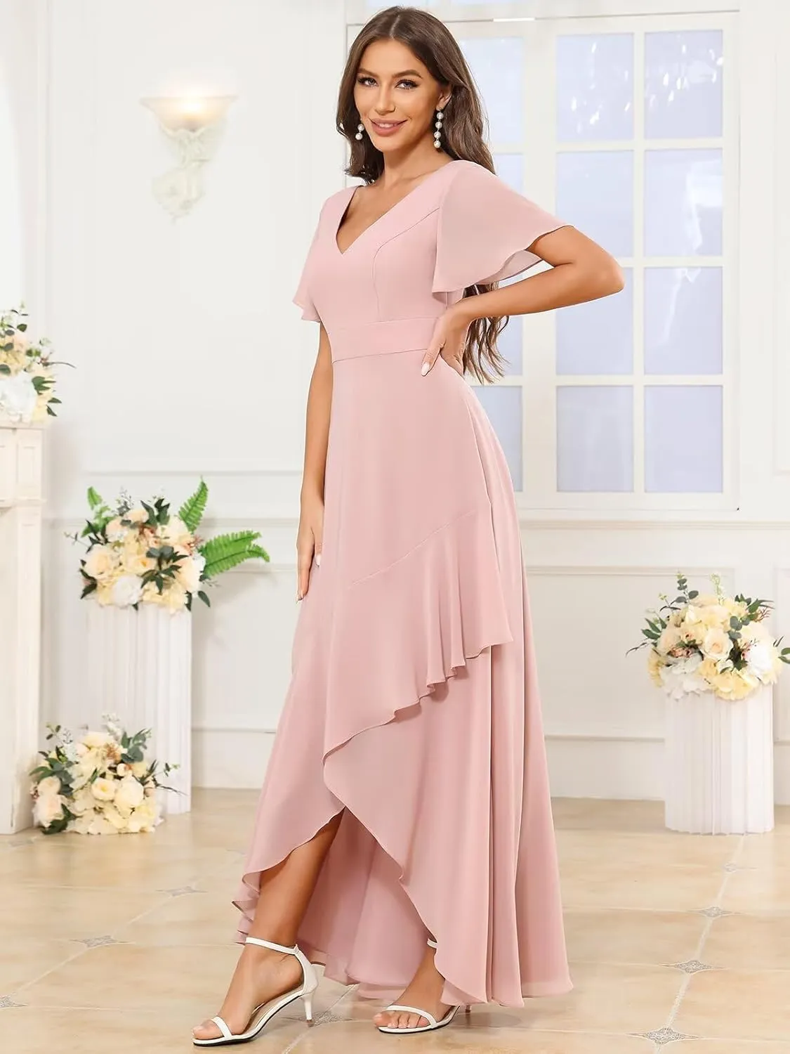 Women's V Neck Bridesmaid Dresses with Sleeves High Low Ruffle Hem Prom Formal Dress Chiffon Wedding Party Gown